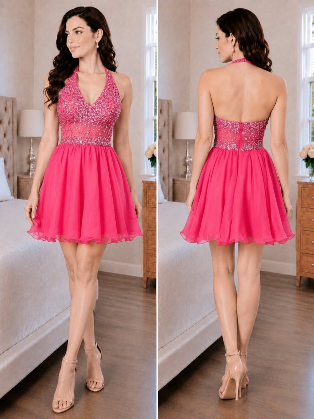Hannah S 27074 Halter Pink Beaded Barbiecore Formal Dress $298